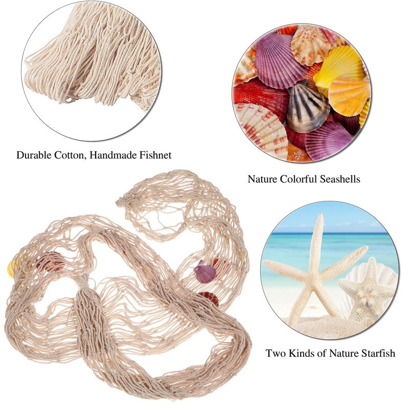 Fangoo 79 x 59 inch Nature Fish Net Wall Decoration with Colorful Sea Shells and 10 Pcs Natural Starfish Ocean Themed Mediterranean Style Fishing Net for Beach Party,Wedding,photography Wall Decoration - Image 3
